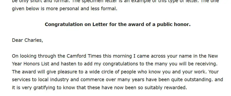 Congratulation Letter for the Award of a Public Honor
