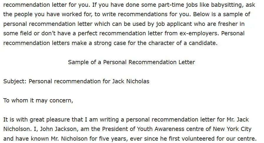 Personal Recommendation Letter